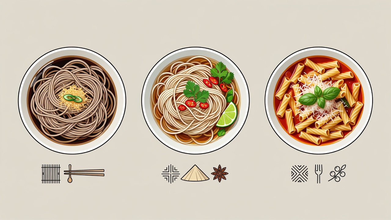 Flat illustration of separately labelled soba, phở and pasta in brodo bowls, showing distinct noodle shapes and serving arrangements