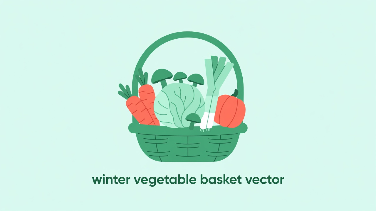 Flat vector winter basket with recognizable labelled carrots, cabbage, leeks, squash and mushrooms in evergreen, pale aqua and coral