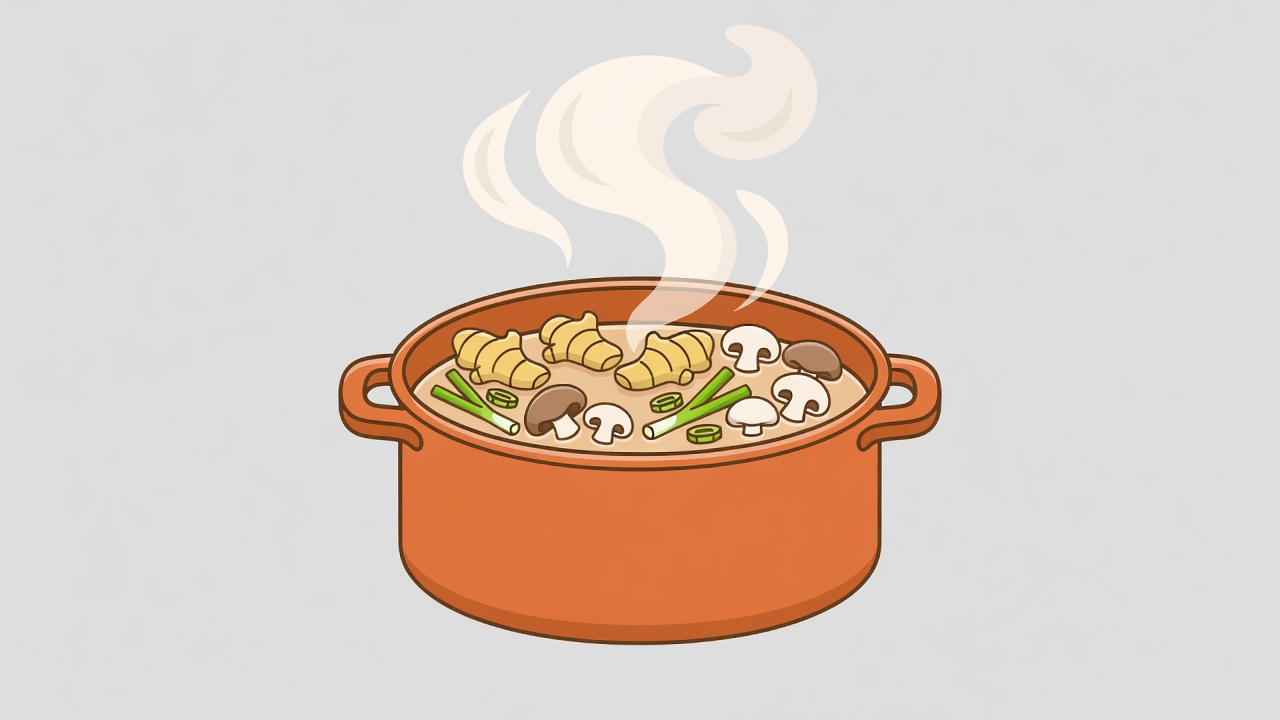 Evergreen and coral vector illustration of a steaming broth pot beside labelled ginger, mushrooms and spring onions