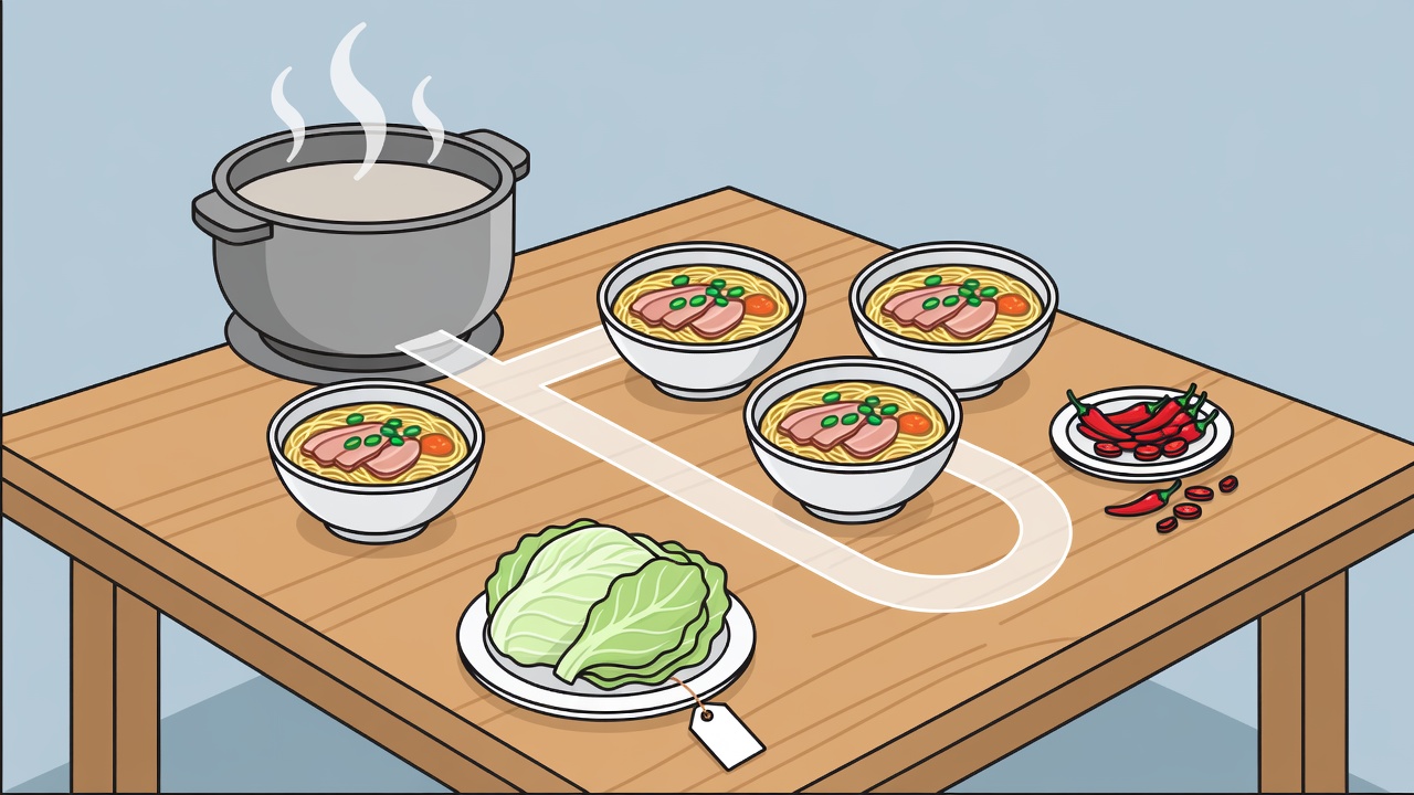 Flat vector serving arrangement with four noodle bowls, a labelled cabbage side, separate chilli dish and a clear route from broth pot to table
